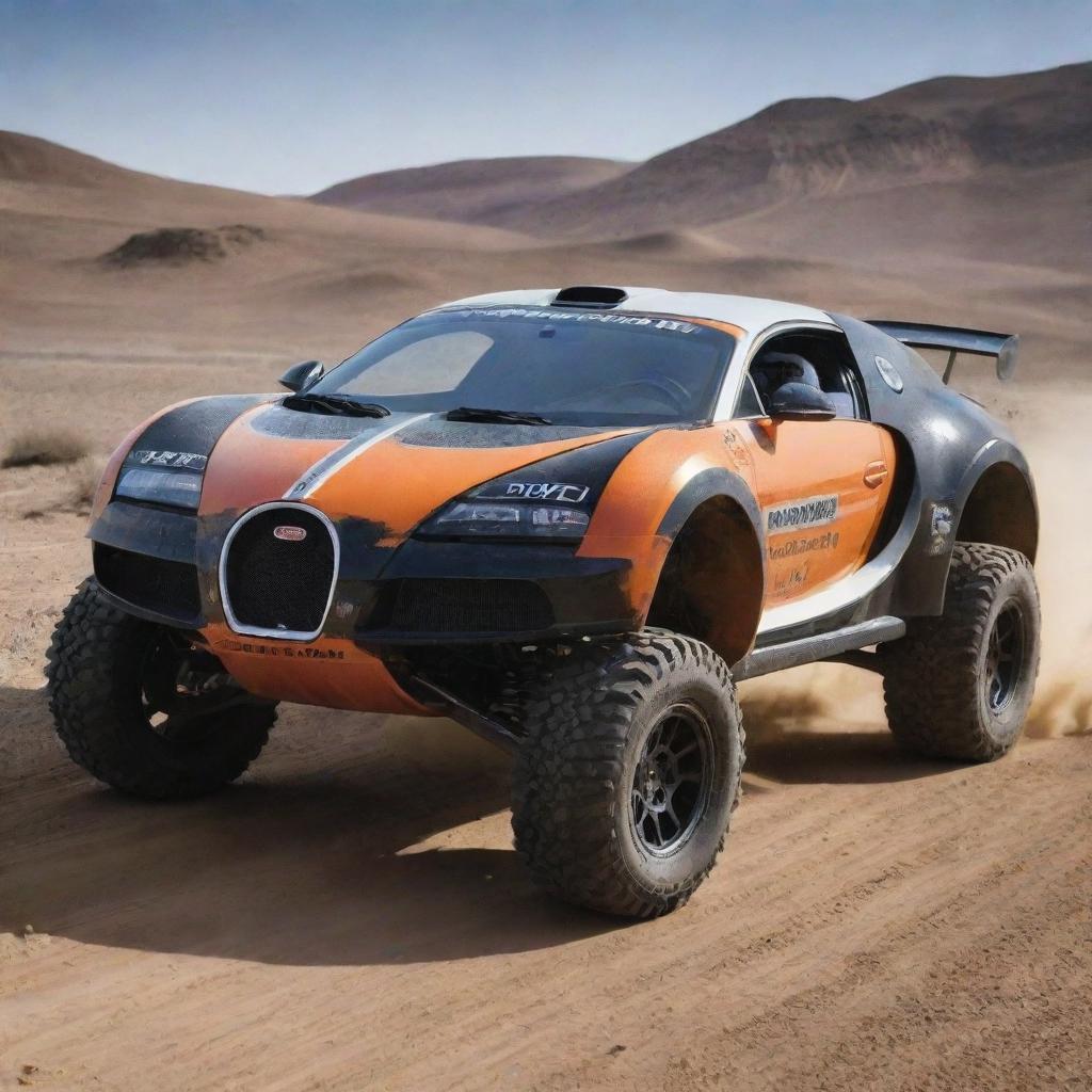 Bugatti cars modified into rugged rally cars, featuring enhanced suspension for bumpy tracks, sturdy tires designed for various terrains, and a design fit for off-road racing.