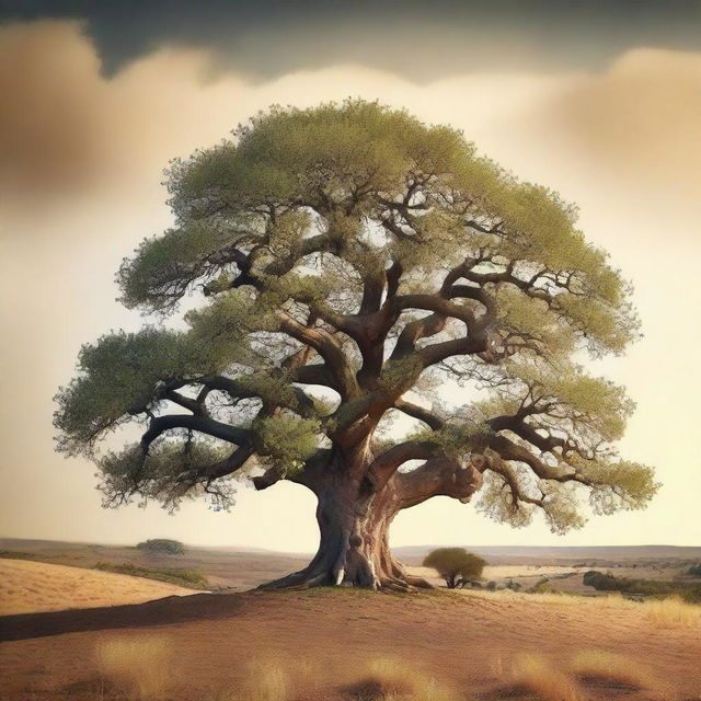 Create a book cover image depicting an oak tree in the center