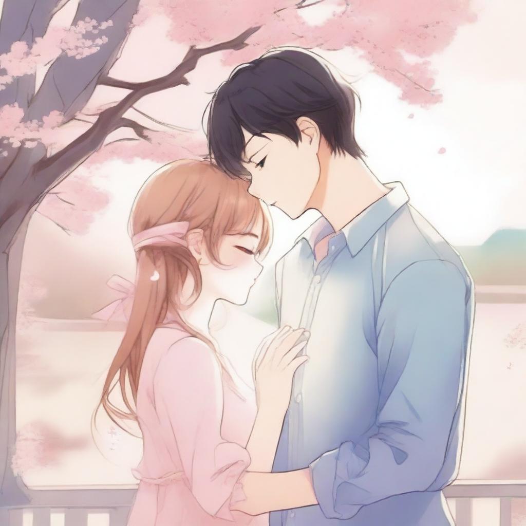 A romantic scene from a manhwa, featuring a young couple in a picturesque setting with soft, pastel colors and detailed background