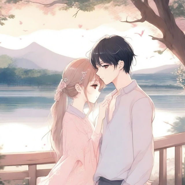 A romantic scene from a manhwa, featuring a young couple in a picturesque setting with soft, pastel colors and detailed background