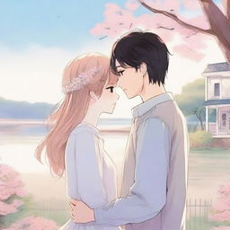 A romantic scene from a manhwa, featuring a young couple in a picturesque setting with soft, pastel colors and detailed background