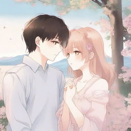 A romantic scene from a manhwa, featuring a young couple in a picturesque setting with soft, pastel colors and detailed background