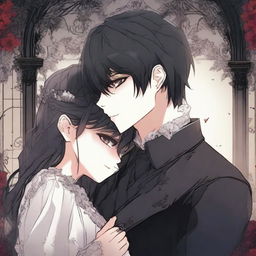 A dark romantic scene from a manhwa, featuring a young couple in a gothic setting with moody, dark colors and intricate background details