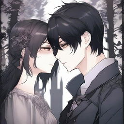 A dark romantic scene from a manhwa, featuring a young couple in a gothic setting with moody, dark colors and intricate background details