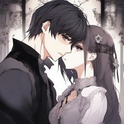 A dark romantic scene from a manhwa, featuring a young couple in a gothic setting with moody, dark colors and intricate background details