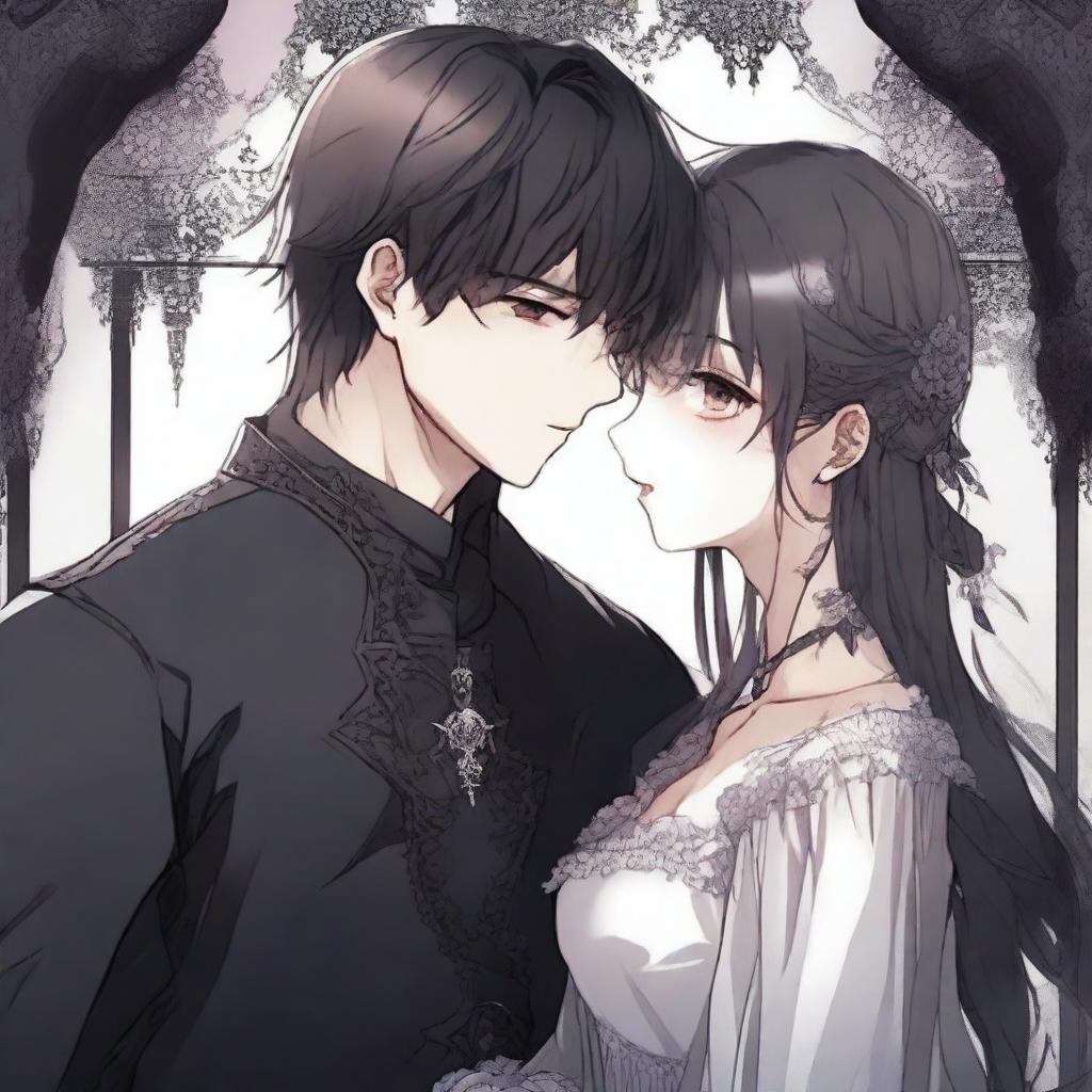 A dark romantic scene from a manhwa, featuring a young couple in a gothic setting with moody, dark colors and intricate background details