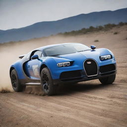 Bugatti cars modified into rugged rally cars, featuring enhanced suspension for bumpy tracks, sturdy tires designed for various terrains, and a design fit for off-road racing.