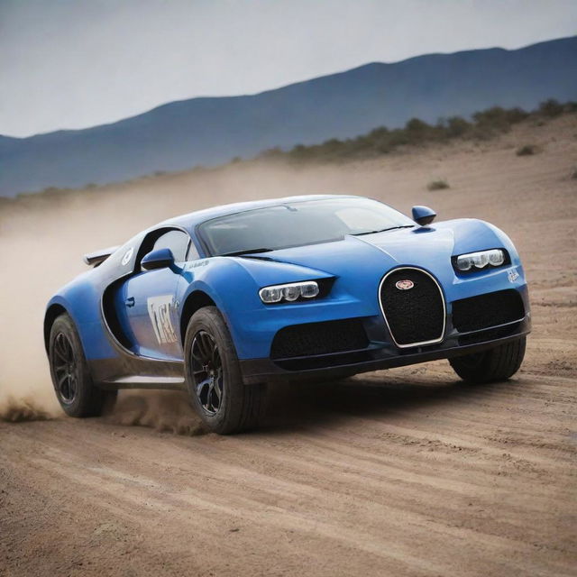 Bugatti cars modified into rugged rally cars, featuring enhanced suspension for bumpy tracks, sturdy tires designed for various terrains, and a design fit for off-road racing.