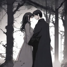 A dark and spooky romantic scene from a manhwa, featuring a tall man and a short woman in a haunting, eerie setting with shadowy, dark colors and detailed gothic background