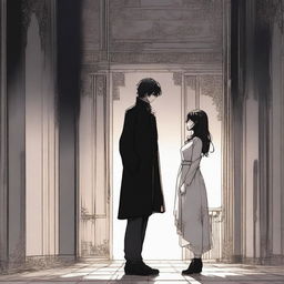 A dark and spooky romantic scene from a manhwa, featuring a tall man and a short woman in a haunting, eerie setting with shadowy, dark colors and detailed gothic background