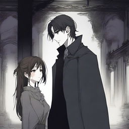 A dark and spooky romantic scene from a manhwa, featuring a tall man and a short woman in a haunting, eerie setting with shadowy, dark colors and detailed gothic background