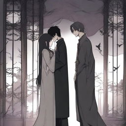 A dark and spooky romantic scene from a manhwa, featuring a tall man and a short woman in a haunting, eerie setting with shadowy, dark colors and detailed gothic background