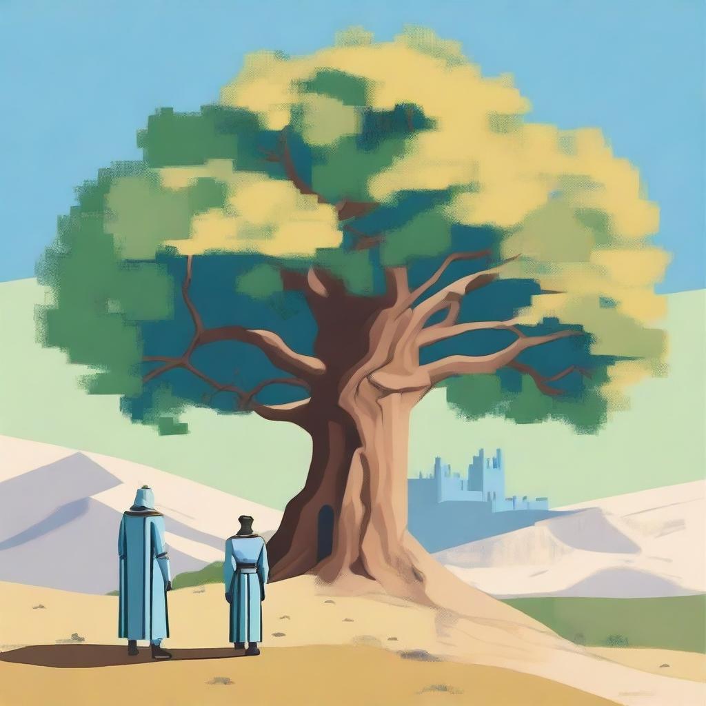 A minimalistic scene featuring an oak tree in the center