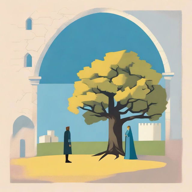 A minimalistic scene featuring an oak tree in the center