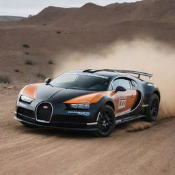 Bugatti cars modified into rugged rally cars, featuring enhanced suspension for bumpy tracks, sturdy tires designed for various terrains, and a design fit for off-road racing.