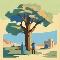 A minimalistic scene featuring an oak tree in the center
