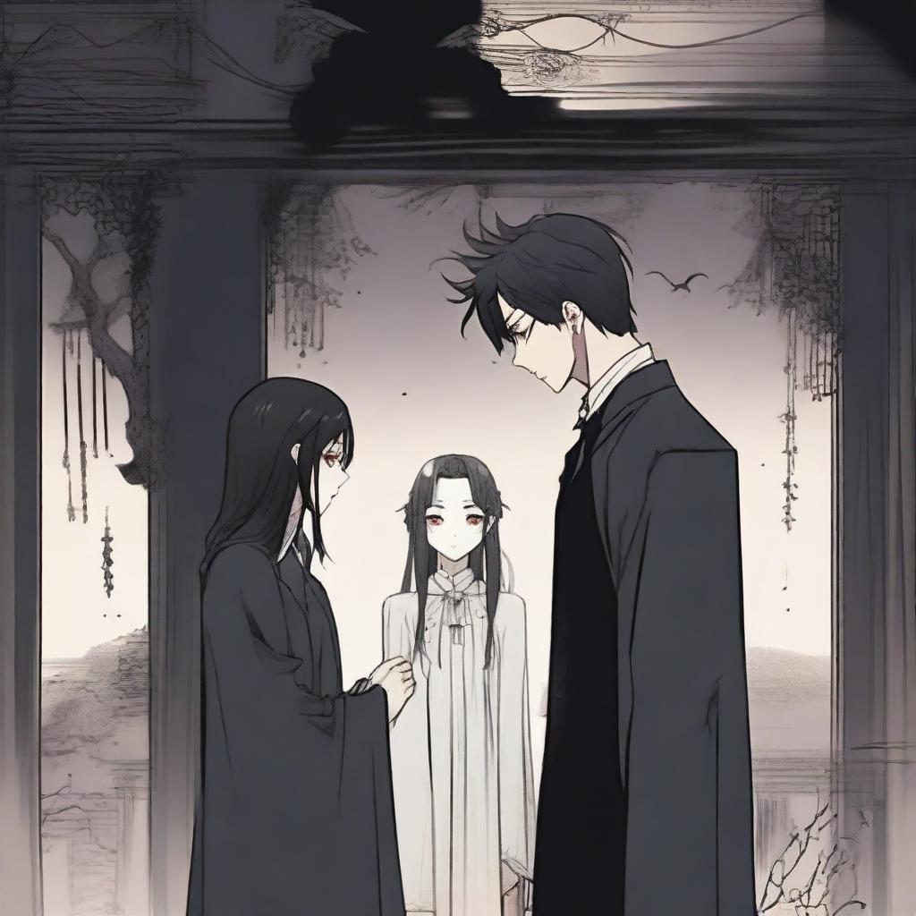 A dark and spooky romantic scene from a manhwa, featuring a tall man and a short woman in a haunting, eerie setting with shadowy, dark colors and detailed gothic background