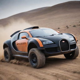 Bugatti cars modified into rugged rally cars, featuring enhanced suspension for bumpy tracks, sturdy tires designed for various terrains, and a design fit for off-road racing.