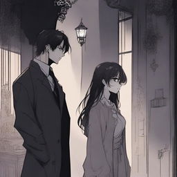 A dark and spooky romantic scene from a manhwa, featuring a tall man and a short woman in a haunting, eerie setting with shadowy, dark colors and detailed gothic background