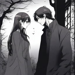 A dark and spooky romantic scene from a manhwa, featuring a tall man and a short woman in a haunting, eerie setting with shadowy, dark colors and detailed gothic background