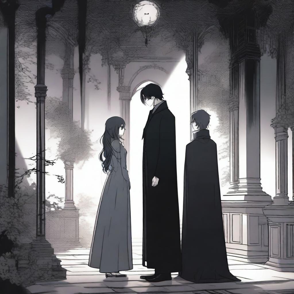 A dark and spooky romantic scene from a manhwa, featuring a tall man and a short woman in a haunting, eerie setting with shadowy, dark colors and detailed gothic background