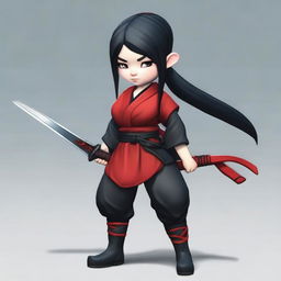 A realistic depiction of a slender but curvy female gnome with fair skin, black hair with red highlights tied in a ponytail, and slanted eyes