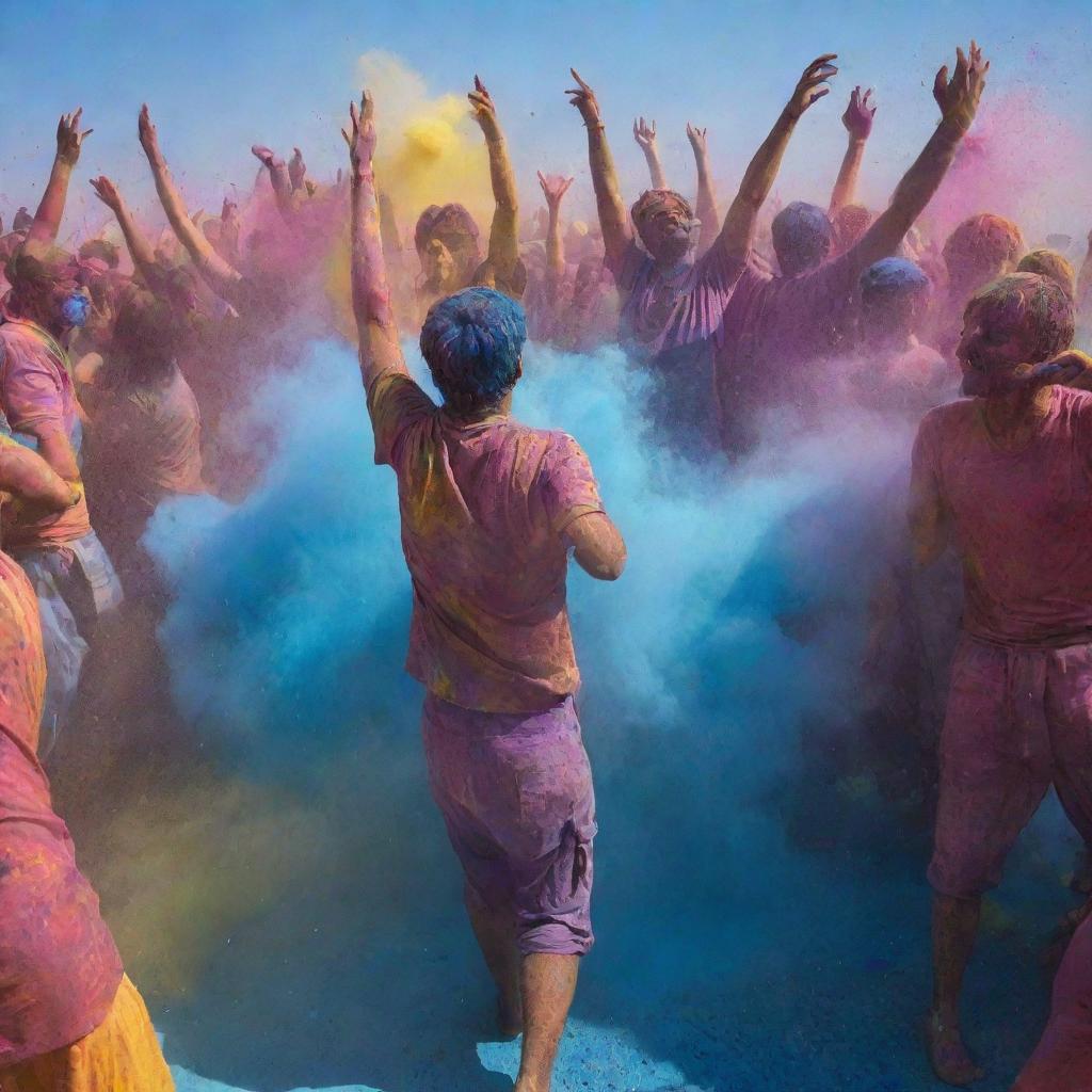 A vibrant, joyful portrayal of the Holi Festival where crowds of people are throwing and smeared in colorful powders, with splashes of water, under a clear blue sky.