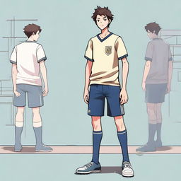 A soccer manager character standing at 170 cm tall with a lean but strong build from years of physical labor and living on the streets