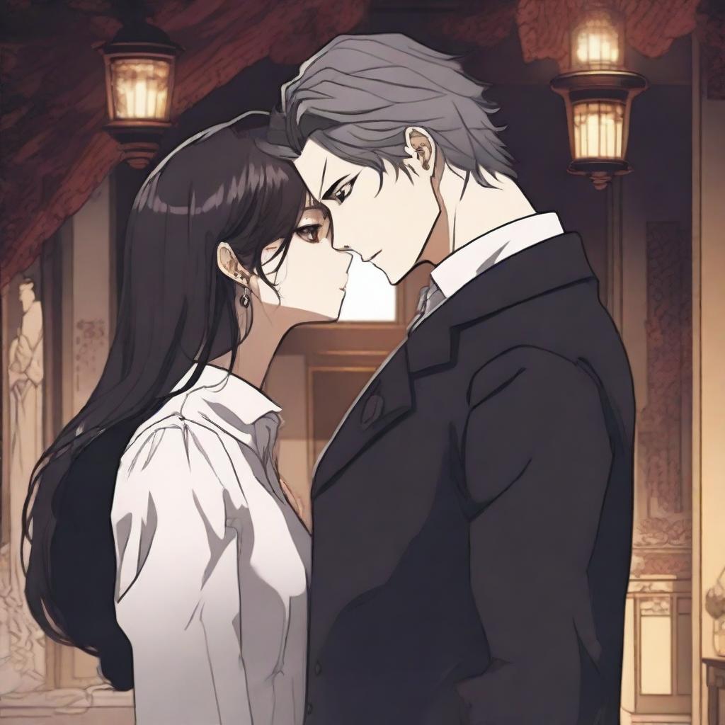 A dark romantic scene from a manhwa, featuring a tall man and a short woman in a moody, shadowy setting with deep, rich colors and intricate background details