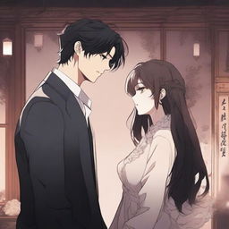 A dark romantic scene from a manhwa, featuring a tall man and a short woman in a moody, shadowy setting with deep, rich colors and intricate background details