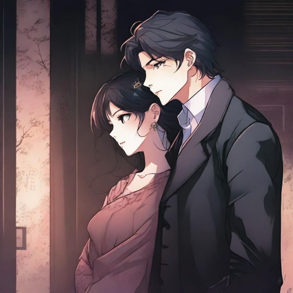 A dark romantic scene from a manhwa, featuring a tall man and a short woman in a moody, shadowy setting with deep, rich colors and intricate background details