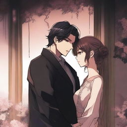 A dark romantic scene from a manhwa, featuring a tall man and a short woman in a moody, shadowy setting with deep, rich colors and intricate background details