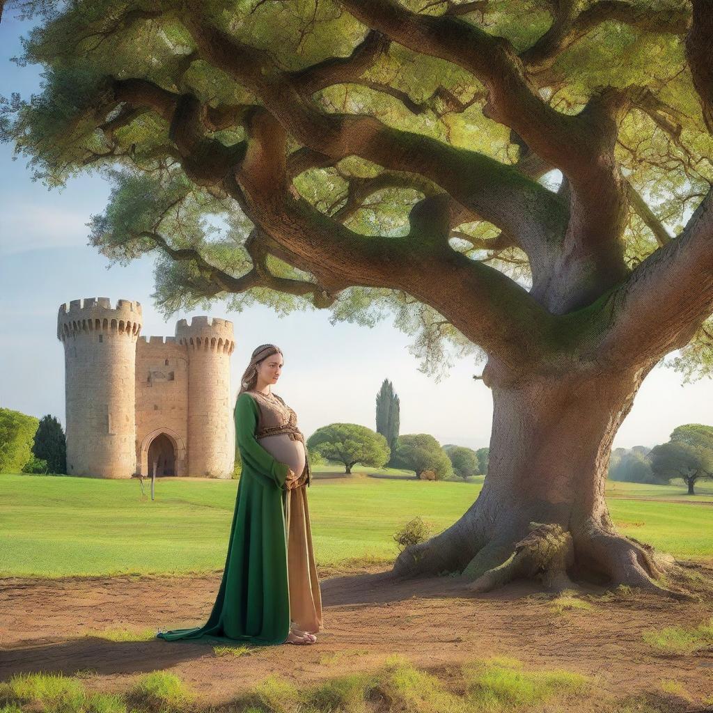 A pregnant woman dressed as a medieval character, standing near a majestic oak tree