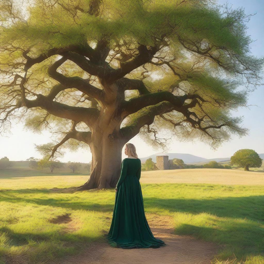 A pregnant woman dressed as a medieval character, standing near a majestic oak tree