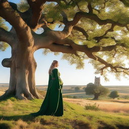 A pregnant woman dressed as a medieval character, standing near a majestic oak tree
