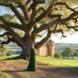 A pregnant woman dressed as a medieval character, standing near a majestic oak tree