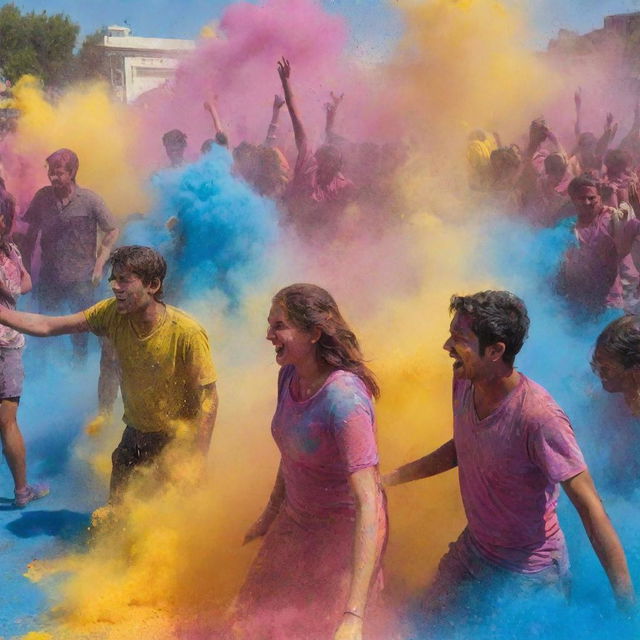 A vibrant, joyful portrayal of the Holi Festival where crowds of people are throwing and smeared in colorful powders, with splashes of water, under a clear blue sky.