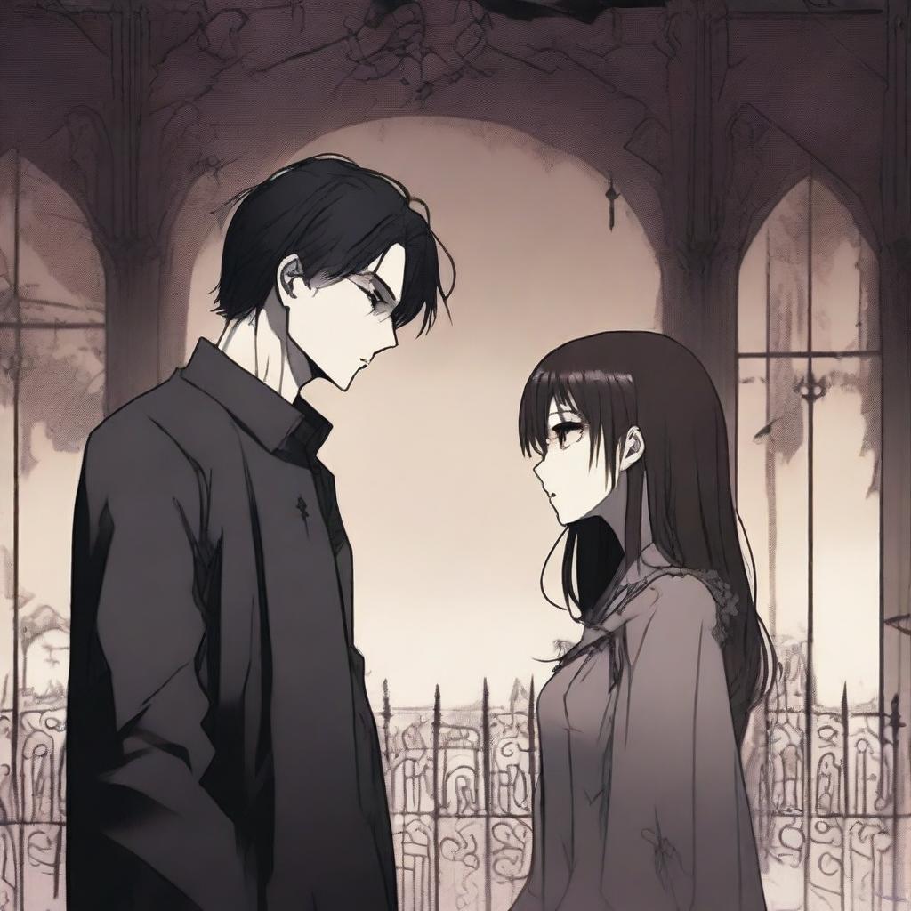 A spooky romantic scene from a manhwa, featuring a tall man and a short woman in an eerie, shadowy setting with dark, muted colors and detailed gothic background elements