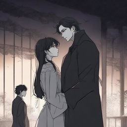 A spooky romantic scene from a manhwa, featuring a tall man and a short woman in an eerie, shadowy setting with dark, muted colors and detailed gothic background elements