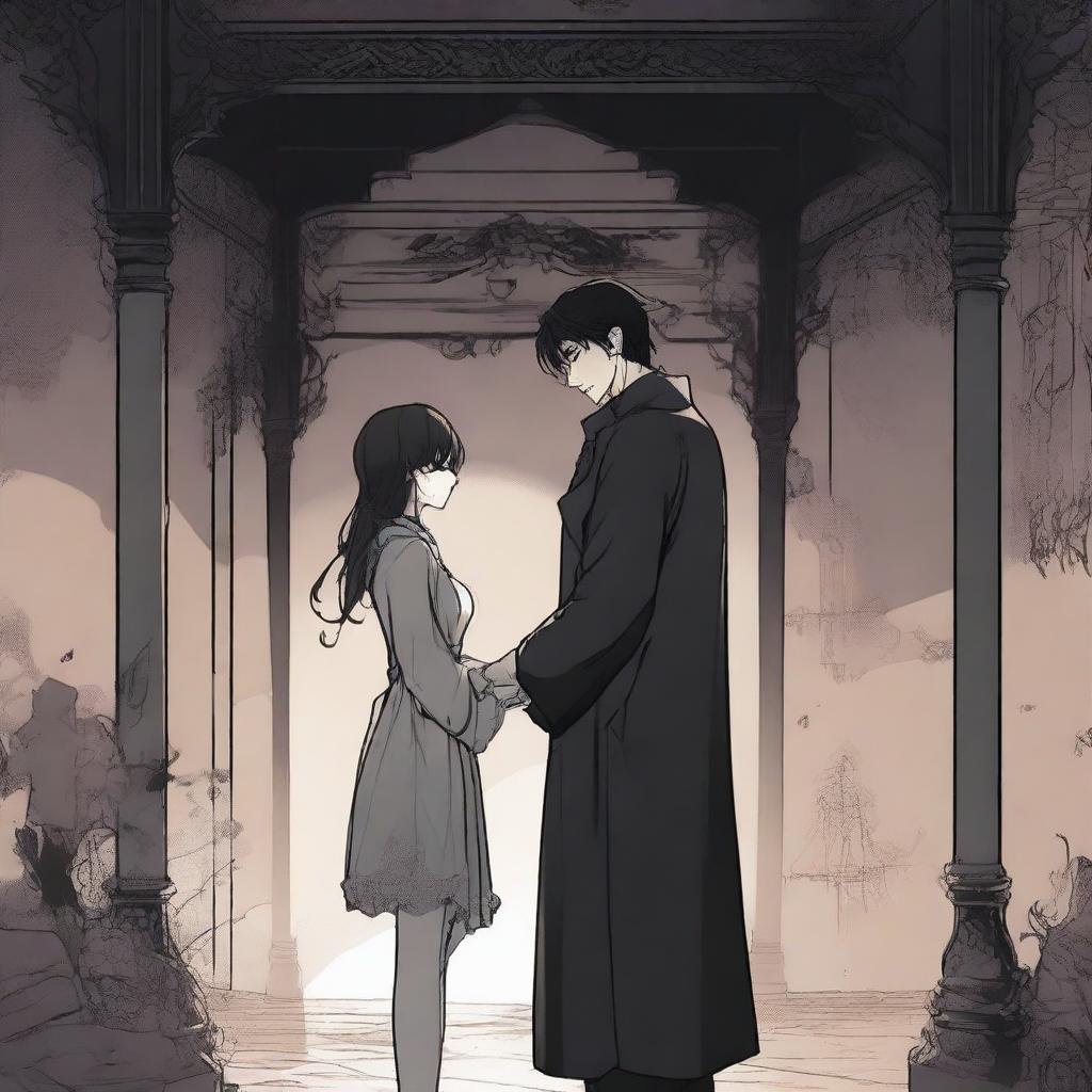 A spooky romantic scene from a manhwa, featuring a tall man and a short woman in an eerie, shadowy setting with dark, muted colors and detailed gothic background elements