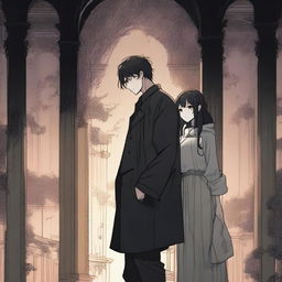 A spooky romantic scene from a manhwa, featuring a tall man and a short woman in an eerie, shadowy setting with dark, muted colors and detailed gothic background elements