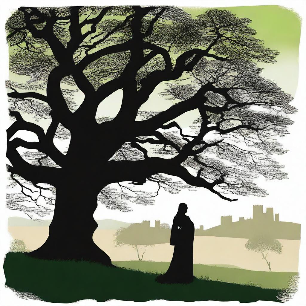 A silhouette of a pregnant woman dressed as a medieval character stands near a large oak tree