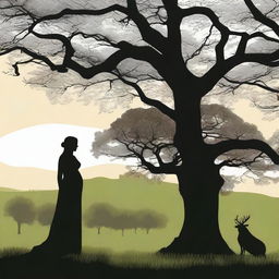 A silhouette of a pregnant woman dressed as a medieval character stands near a large oak tree