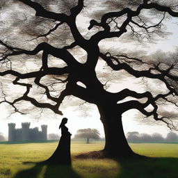 A silhouette of a pregnant woman dressed as a medieval character stands near a large oak tree