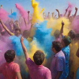 A vibrant, joyful portrayal of the Holi Festival where crowds of people are throwing and smeared in colorful powders, with splashes of water, under a clear blue sky.