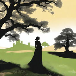 A silhouette of a pregnant woman dressed as a medieval character stands near a large oak tree