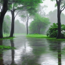 A detailed depiction of a rainy scene