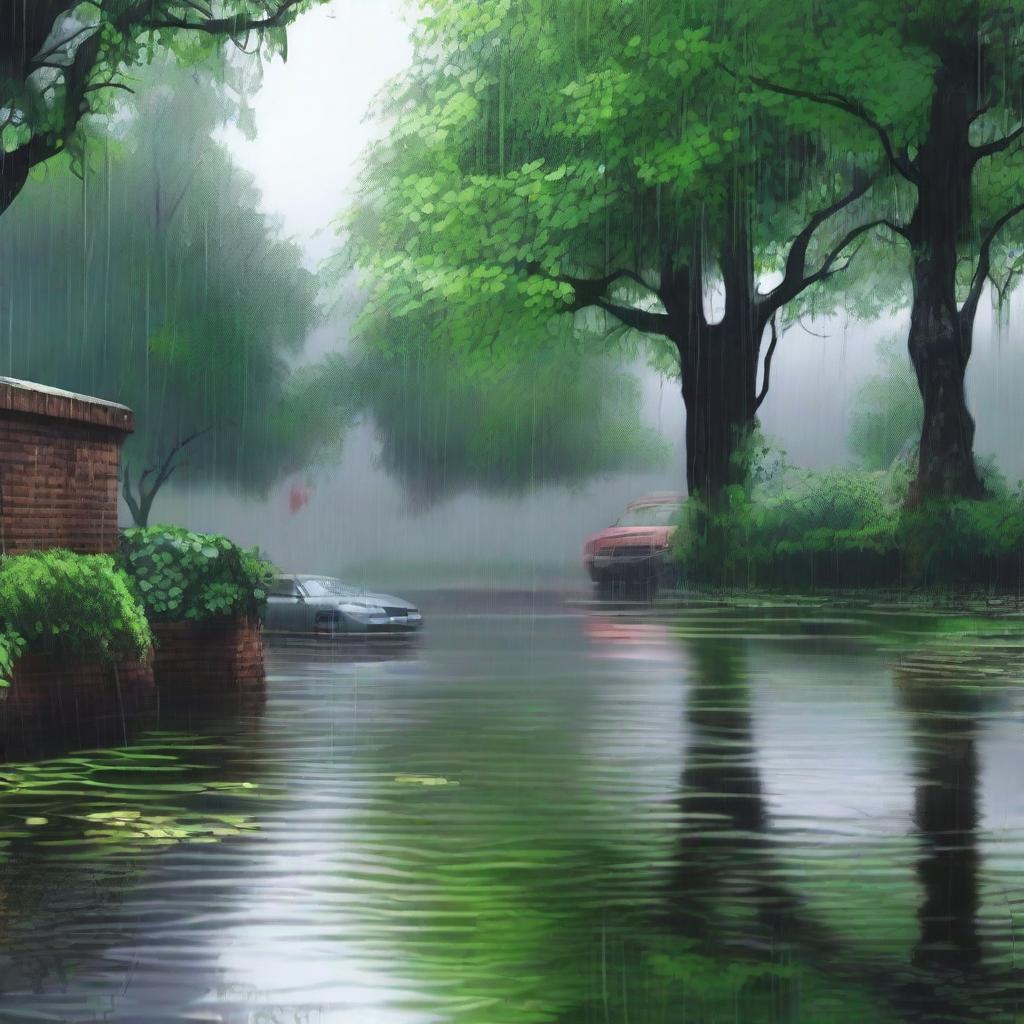 A detailed depiction of a rainy scene