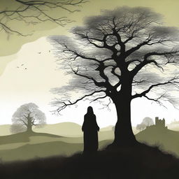 A silhouette of a pregnant woman dressed as a medieval character, standing near an oak tree