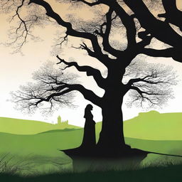 A silhouette of a pregnant woman dressed as a medieval character, standing near an oak tree